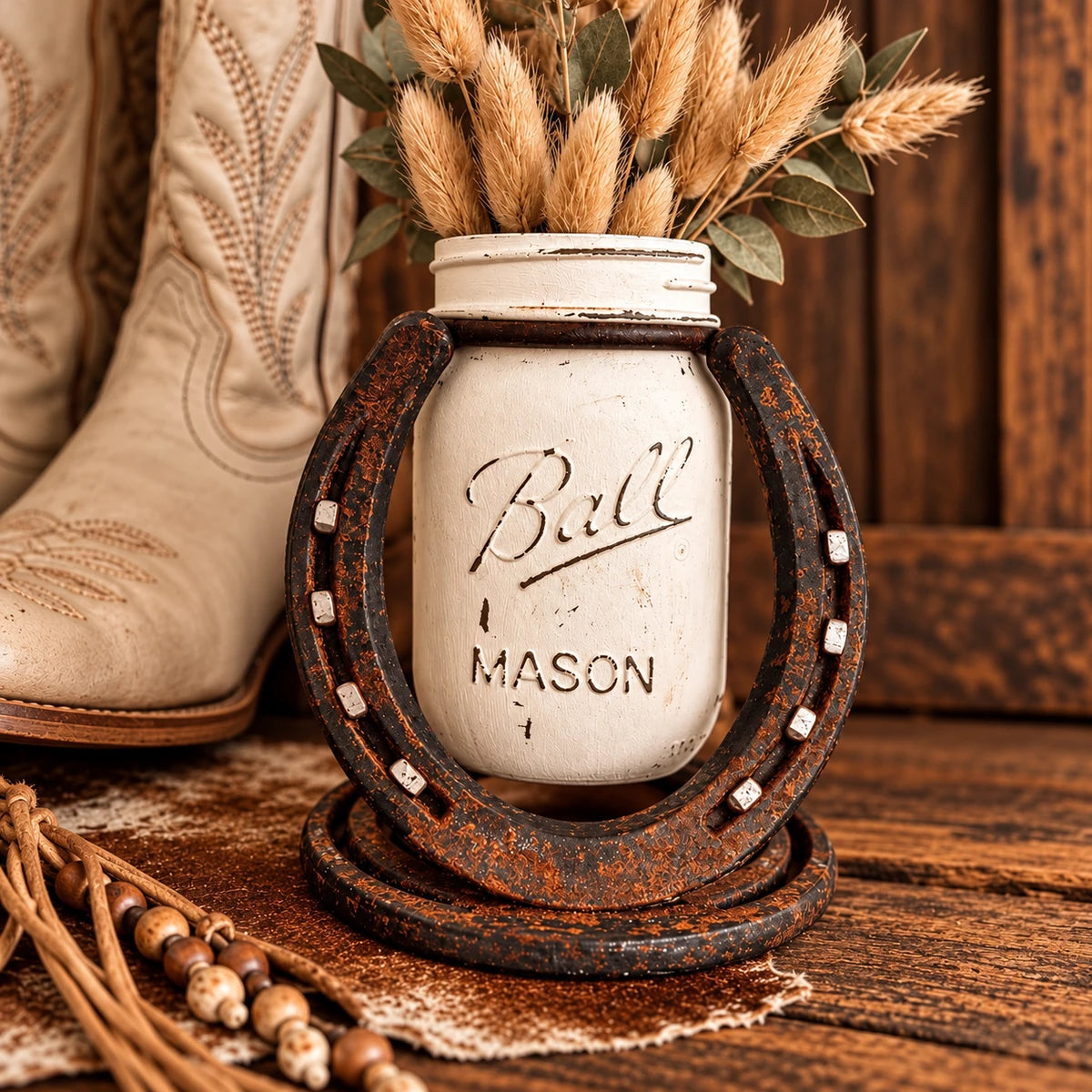 Rustic Heritage Horseshoe Flower Mason Jar Vase (jar not included)